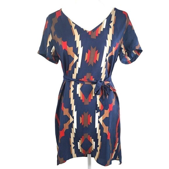 Amanda Uprichard Navy Blue Navajo Silk V Neck Shift Dress - Picture 1 of 6